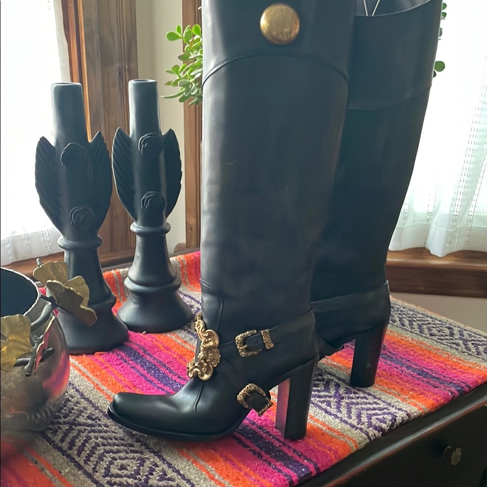 DOLCE & GABBANA VTG Black Leather Baroque Gold Pirate Riding Boots 36 6 Like New - Picture 12 of 16
